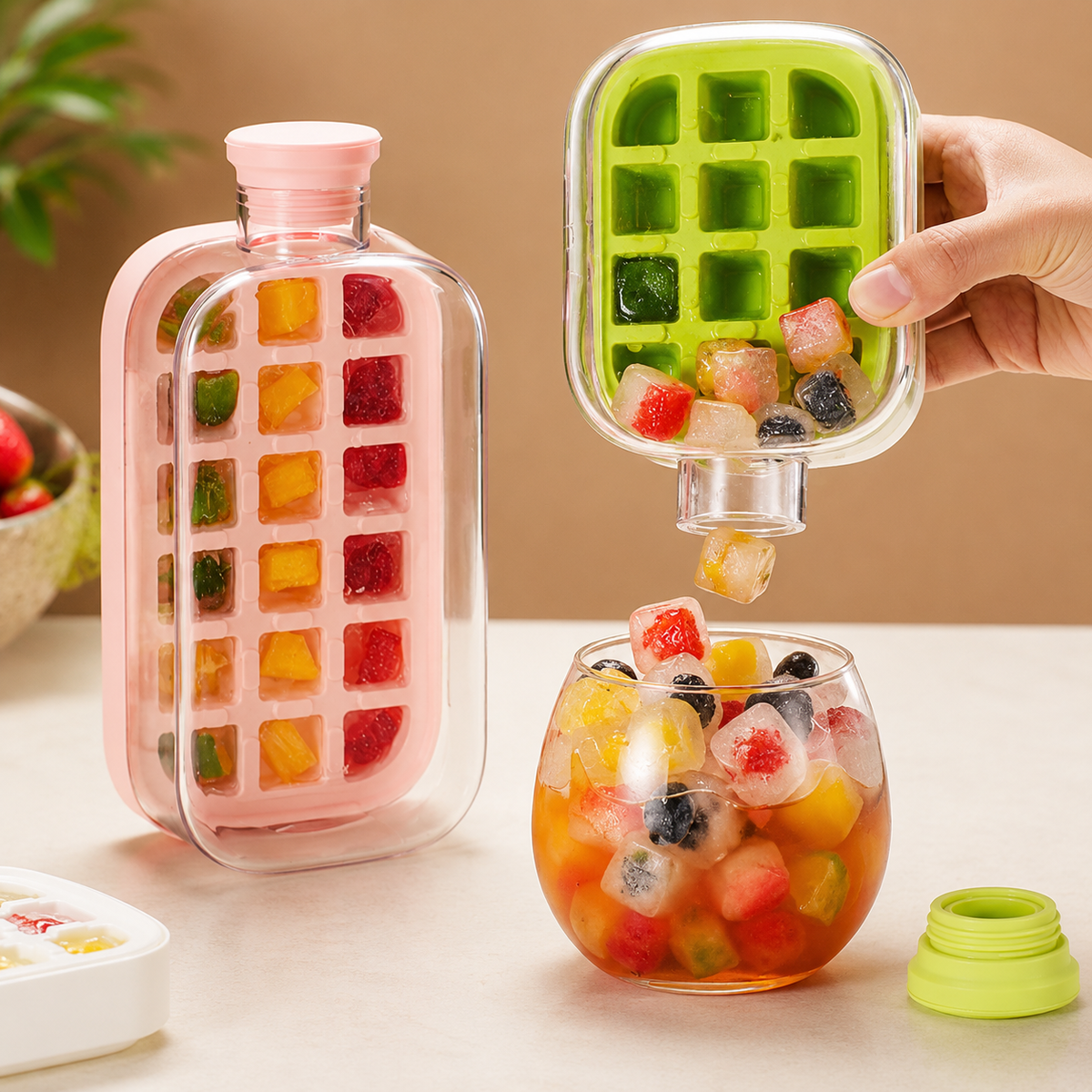 2-In-1-Eiswürfelflasche — Auffüllen, Einfrieren & Drücken