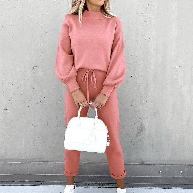 2-Teiliges Damen-Loungewear-Set mit Ballonärmeln und verstellbarer Taille