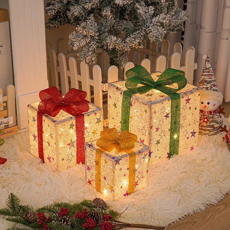 Beleuchtete Geschenkboxen als Außendekoration, 3er-Set mit LED-Lichtern für Weihnachten