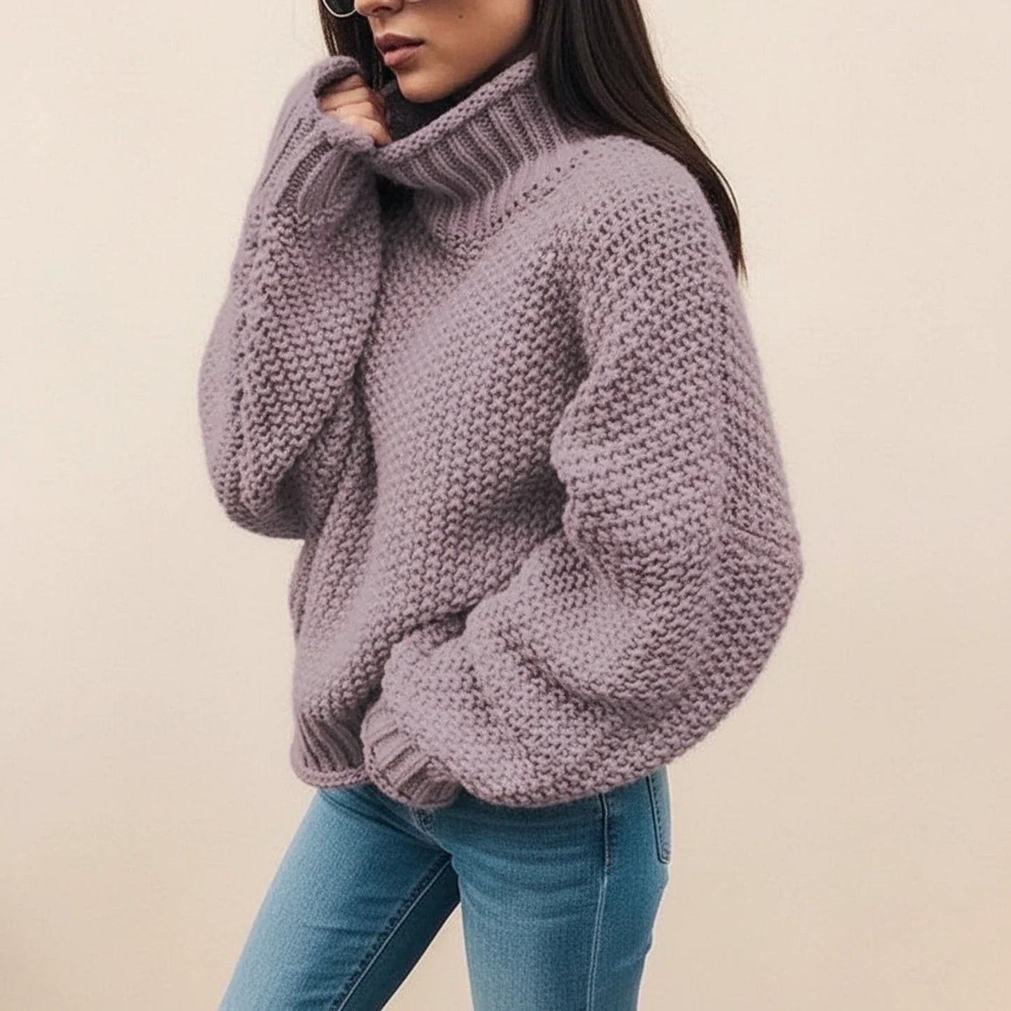 Damen-Grobstrickpullover mit Rollkragen
