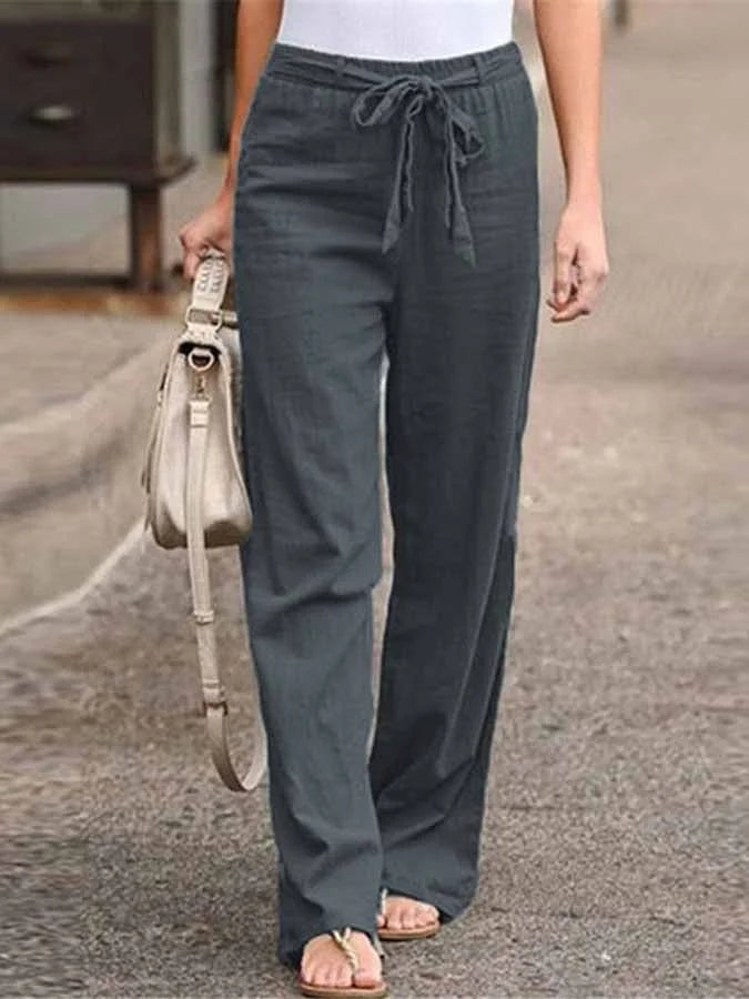 Damen-Hose mit hohem Bund, Bindeband an der Taille und weitem Bein