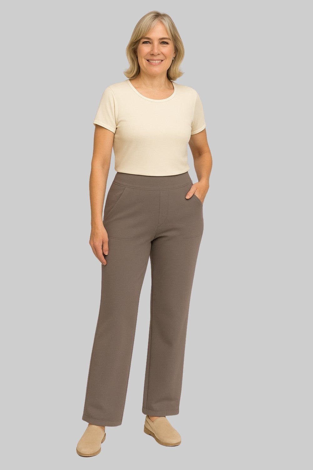 Damen-Hose mit weitem Bein, hoher Taille, elastischem Bund und Seitentaschen