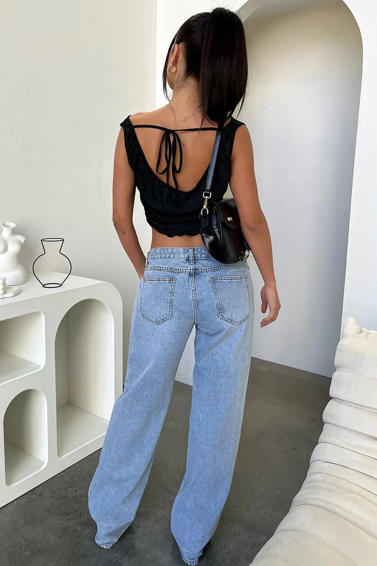 Damen-Jeans mit niedrigem Bund, heller Waschung und geradem Bein