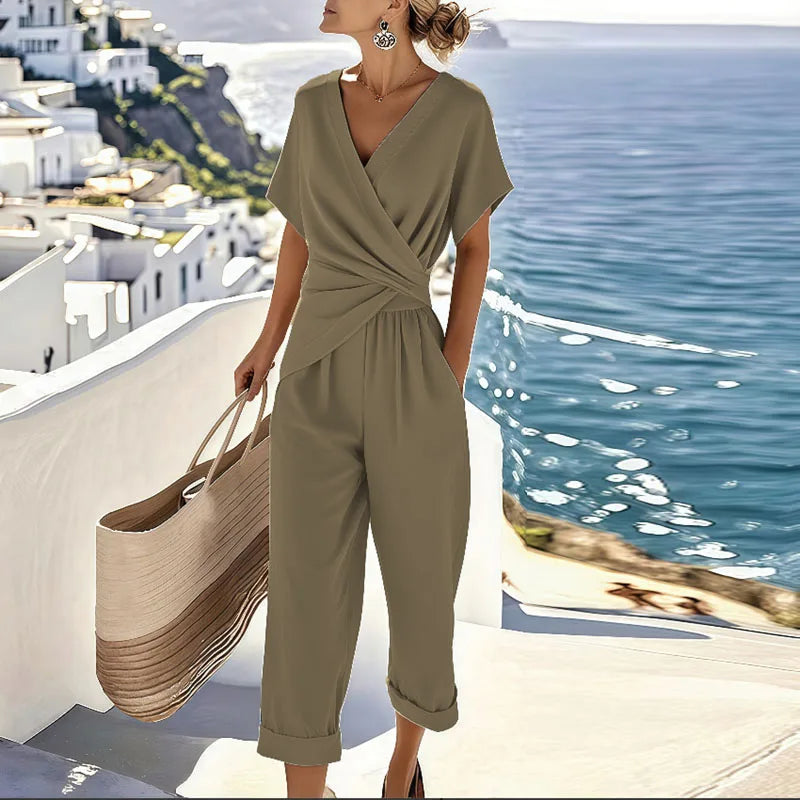 Damen-Jumpsuit mit V-Ausschnitt und Kurzarm – eleganter lässiger Sommerstil