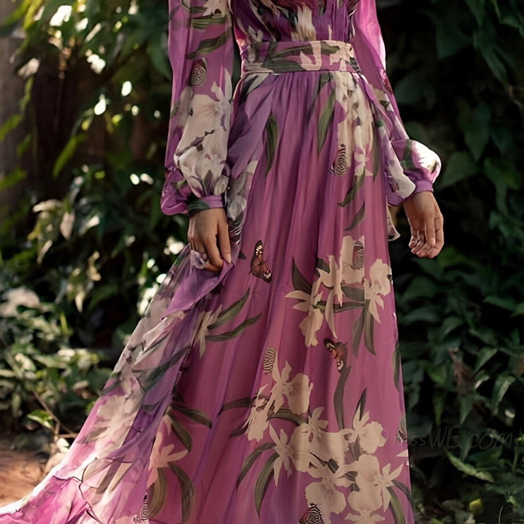 Damen-Maxikleid mit Blumenmuster und V-Ausschnitt