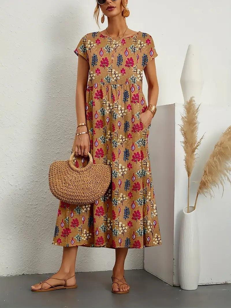 Damen-Midikleid in A-Linie mit Blumenmuster und Taschen