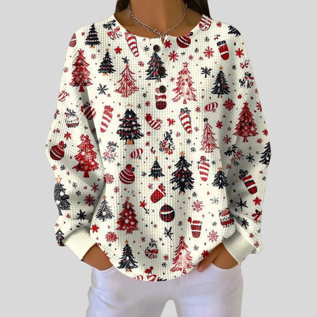 Damen-Pullover mit Weihnachtsmotiv aus Waffelstrick, Langarm