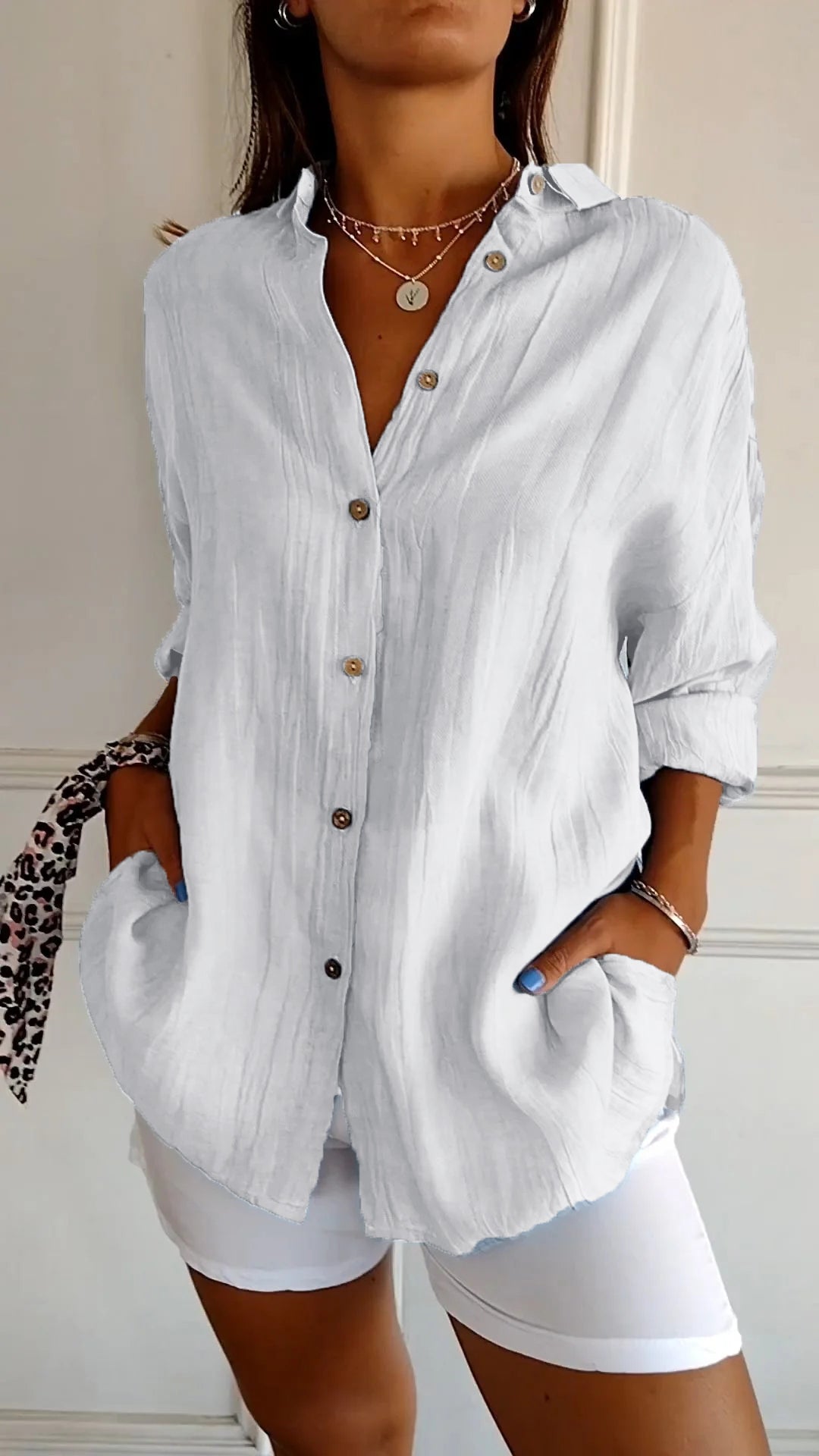 Damen-Sommerbluse mit Langarm – Luftiges Leinen-Seiden-Gemisch mit Faltenwurf und skandinavischer Küsten-Eleganz