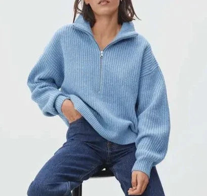 Damen-Strickpullover mit Stehkragen und 1/4-Reißverschluss, langärmelig