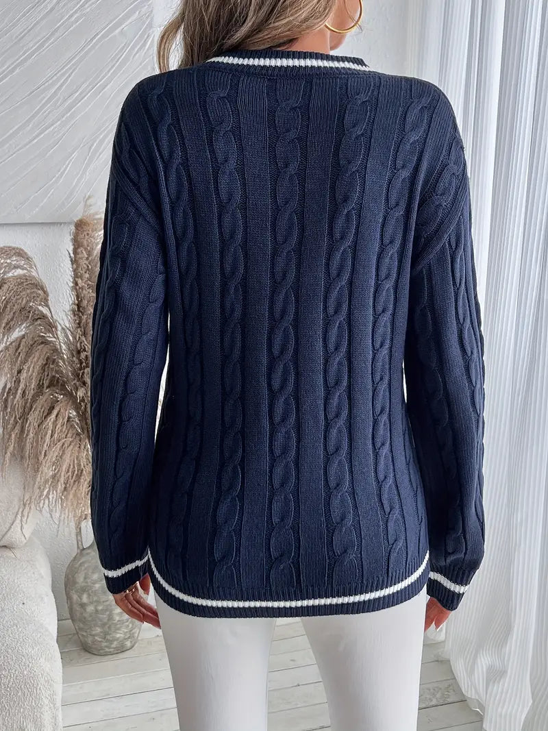 Damen-Strickpullover mit V-Ausschnitt und Zopfmuster