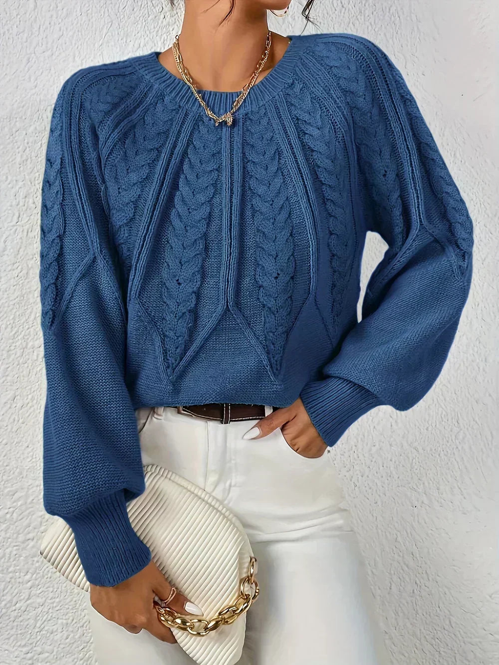 Damen-Strickpullover mit Zopfmuster und Raglanärmeln