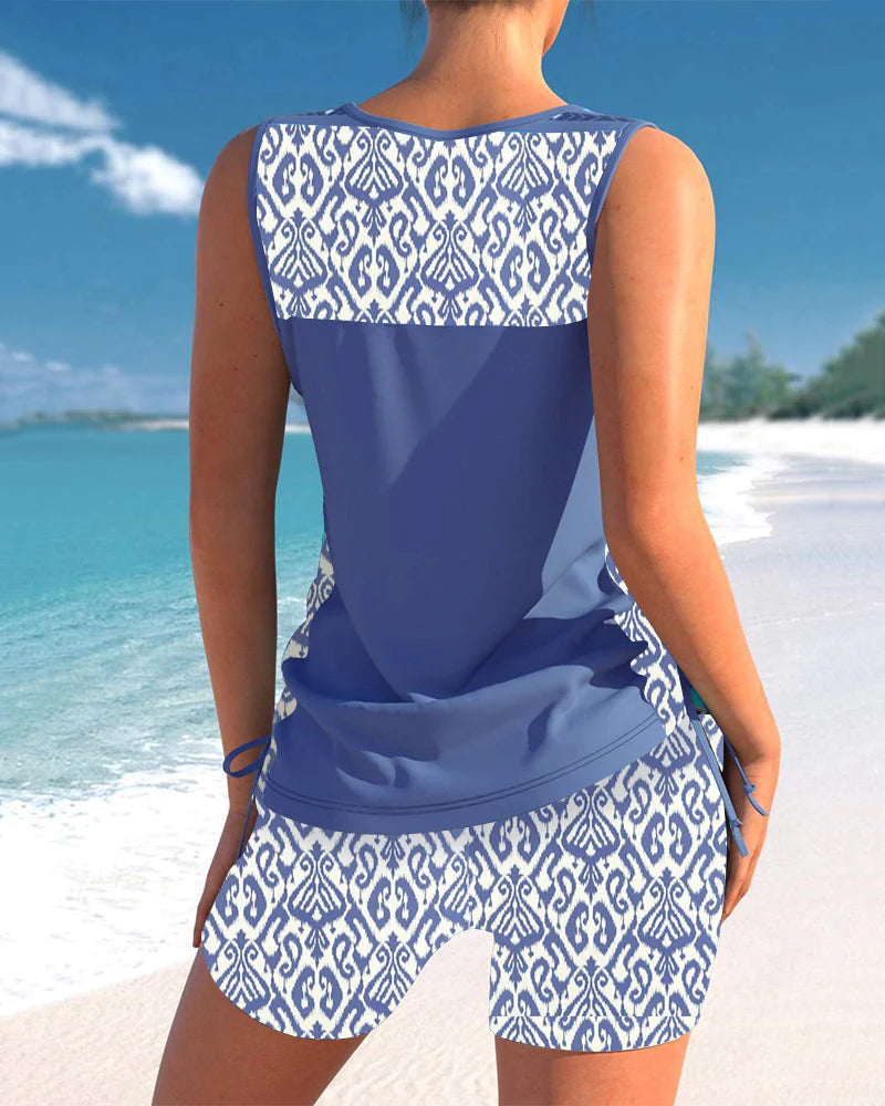 Damen-Tankini-Set, ärmellos, mit Überkreuz-Ausschnitt und Shorts | Sport