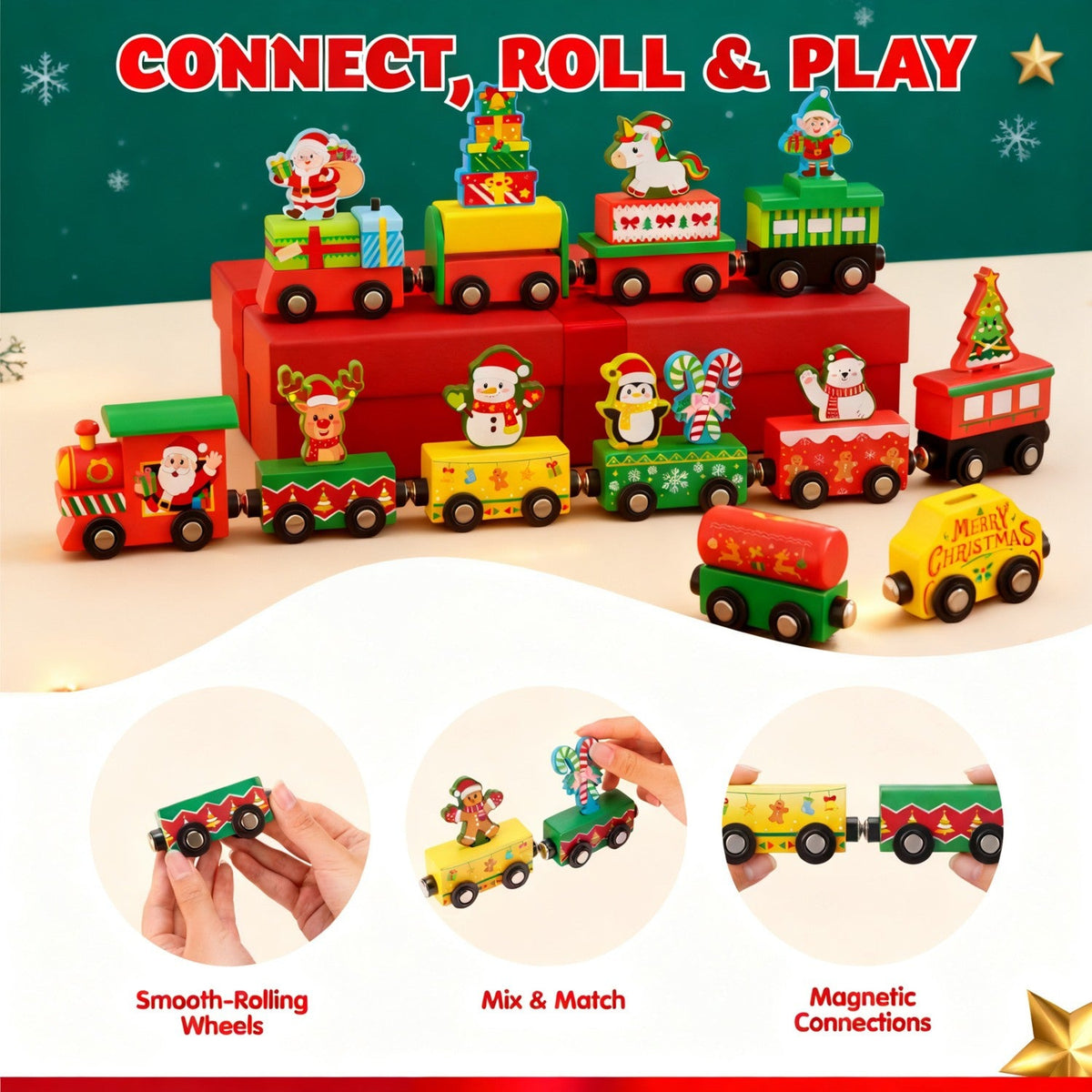 Eisenbahn-Adventskalender mit 12 magnetisch verbindbaren Fahrzeugen mit Friktionsantrieb