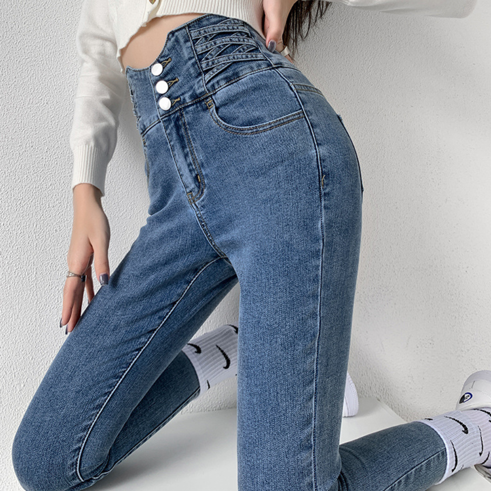 Eng anliegende High-Waist-Damenjeans – klassisches Design, strapazierfähiger Stoff, für den Alltag