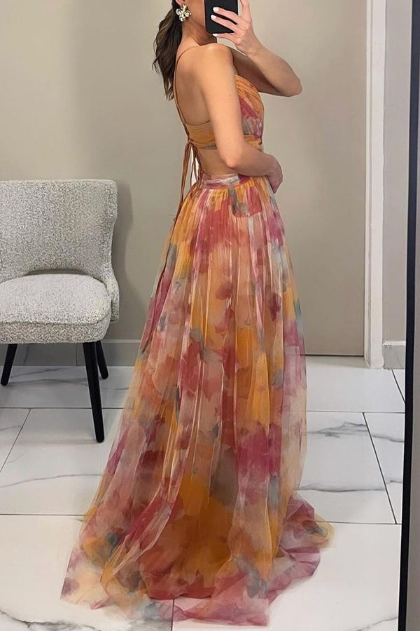 Fließendes Damen-Maxikleid in A-Linie mit Blumenmuster