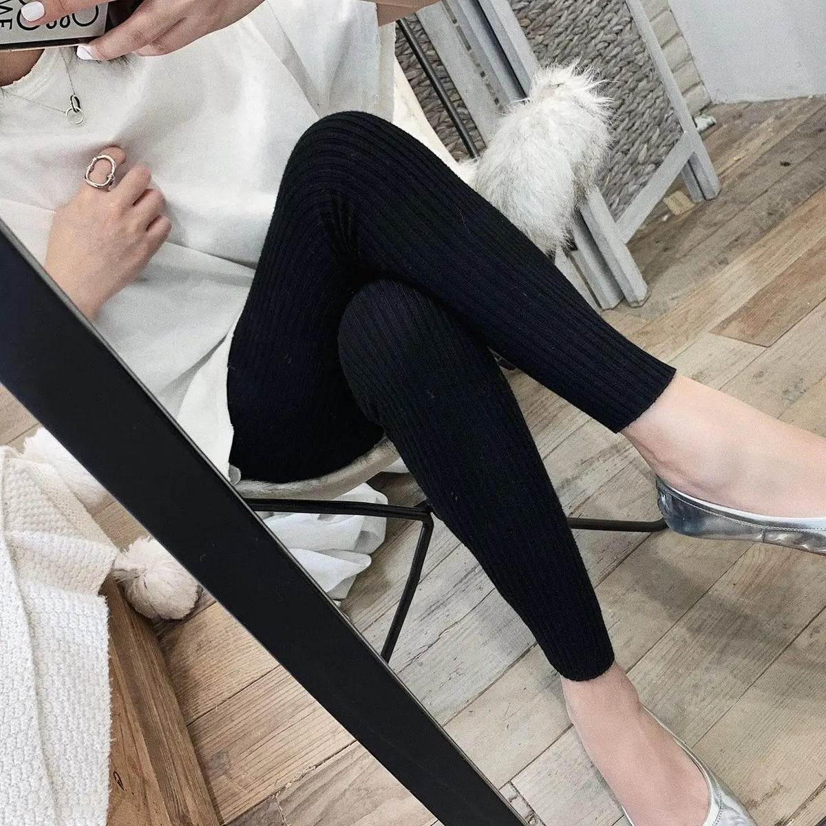 Gerippte Strickleggings mit hoher Taille für Damen