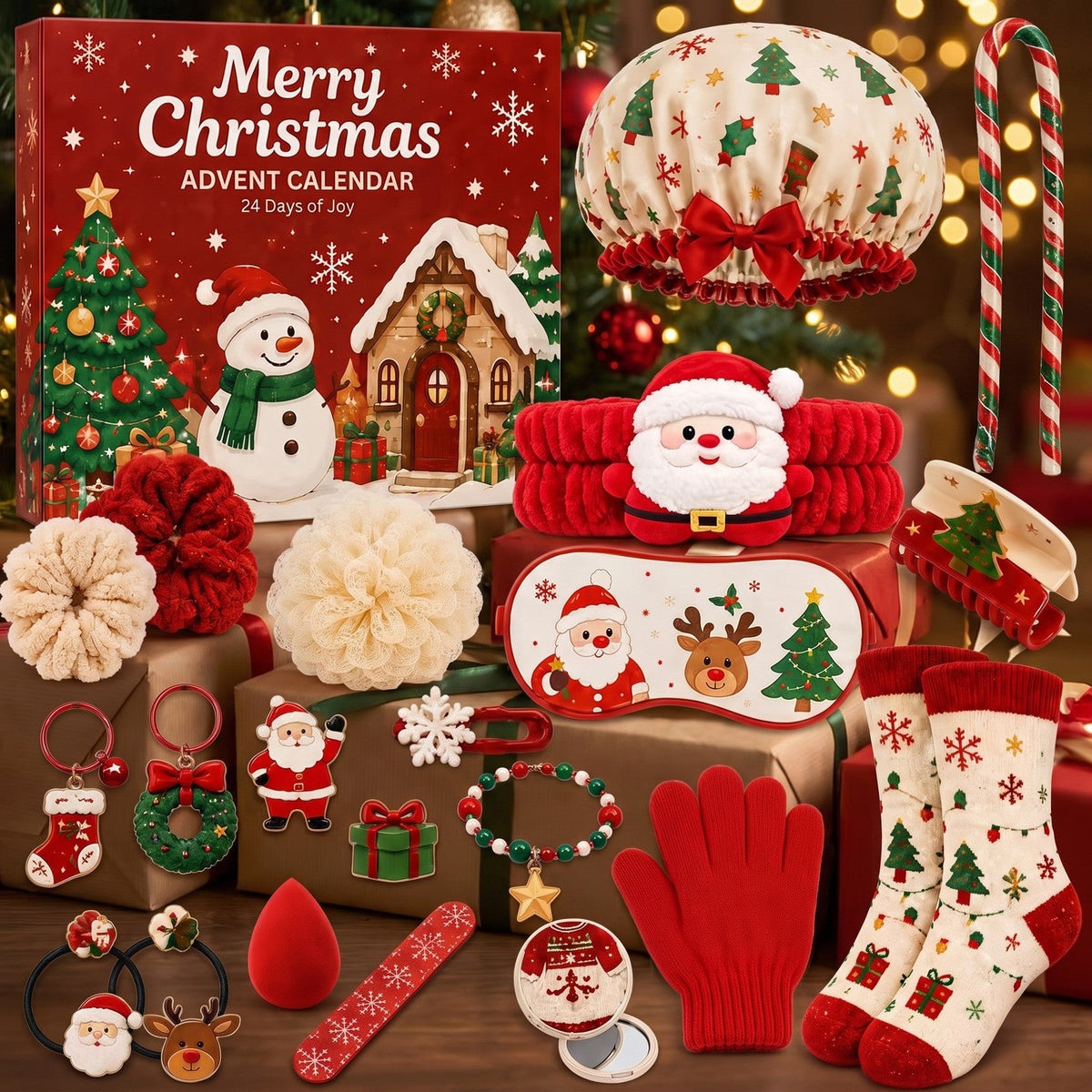 Gemütlicher Weihnachts-Adventskalender mit Accessoires, 24 Tage Haar, Spa und Winter