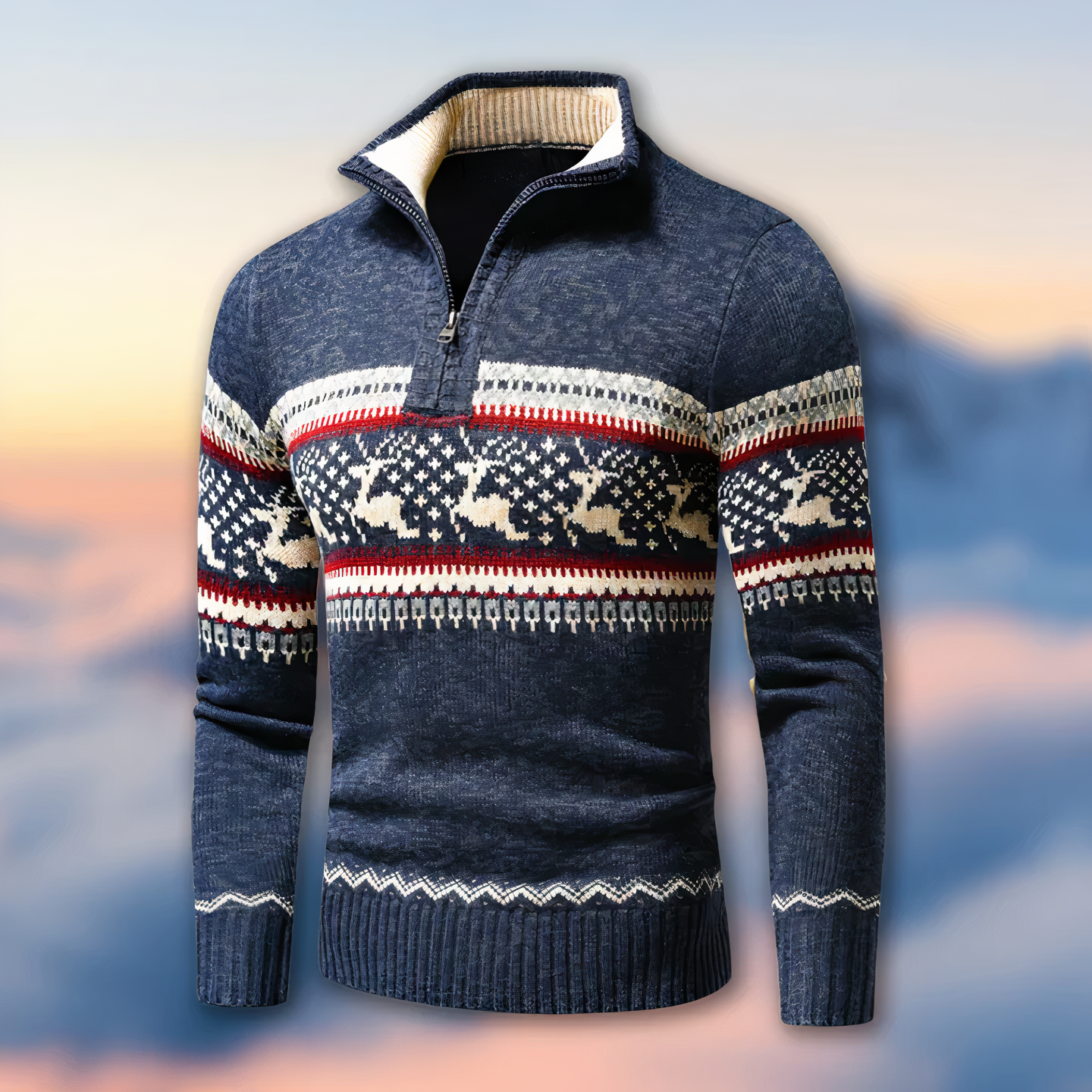 Herren-Strickpullover mit Fair-Isle-Muster und Stehkragen mit Reißverschluss