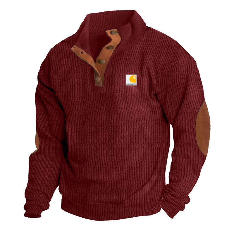 Herren-Strickpullover mit Stehkragen, Druckknopfleiste, Lederbesatz und Ellbogen-Patches