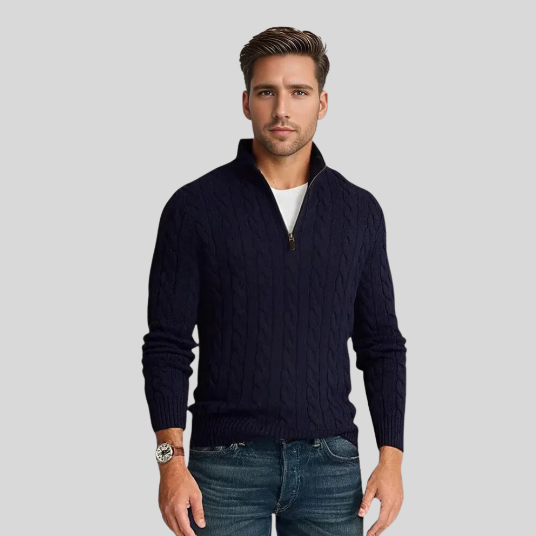 Herren-Strickpullover mit Zopfmuster und Reißverschluss