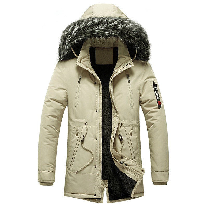 Herren-Winterparka mit Kunstfellkapuze, gefütterter Thermomantel mit Kordelzug und Taschen