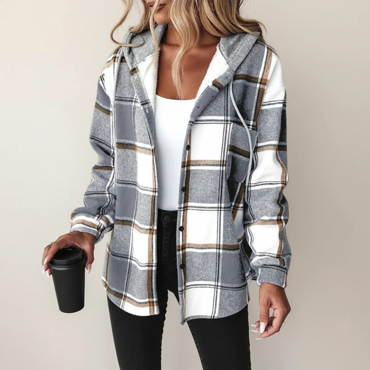 Karierte Damen-Hemdjacke mit Kapuze für den Winter
