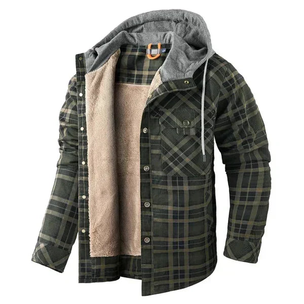 Karierte Herren-Kapuzenjacke mit Sherpa-Futter