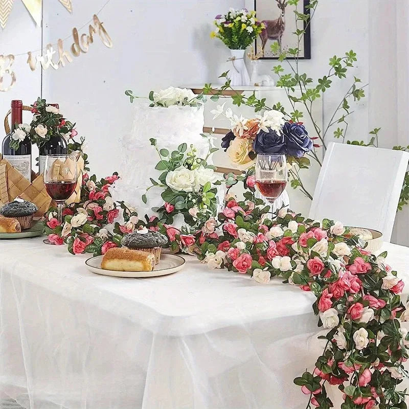 Künstliche Rosengirlande 230 cm — Seide, 6 Farben, Hochzeit & Party
