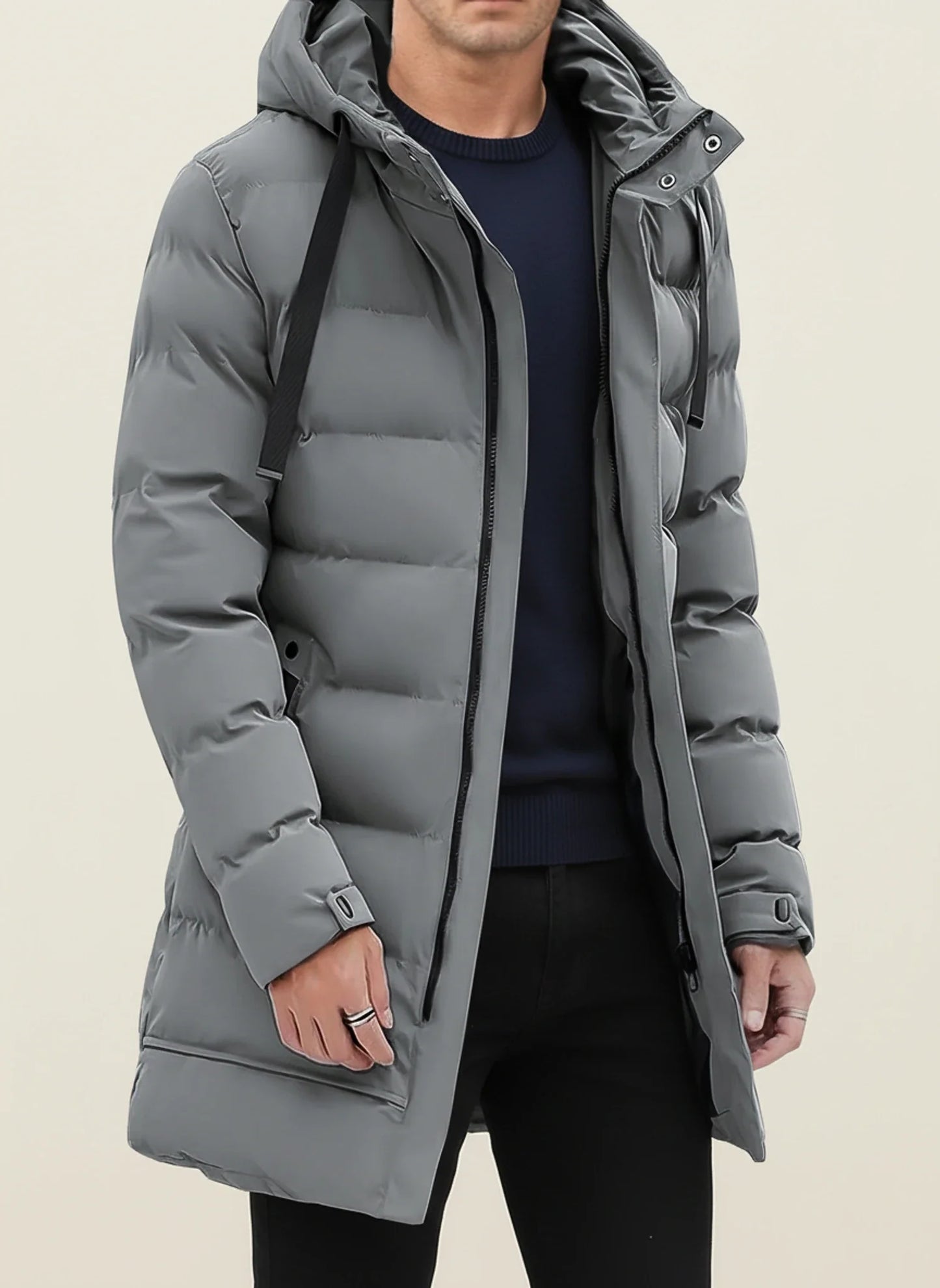Lange Herren-Puffer-Winterjacke mit Kapuze
