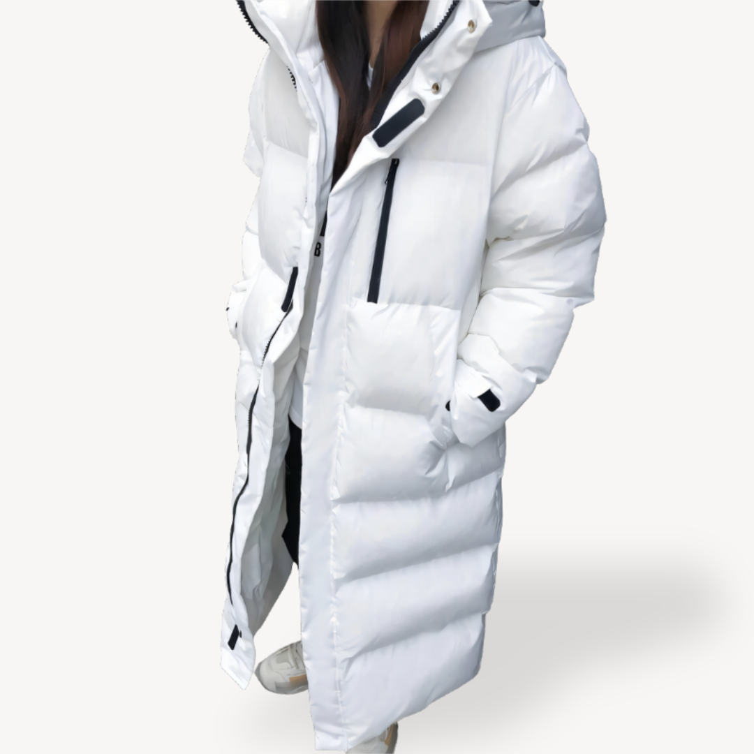 Lange Stepp-Pufferjacke für Damen mit Kapuze