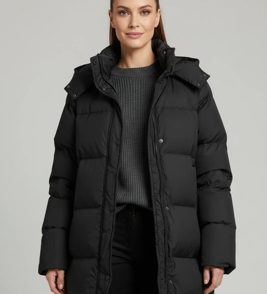 Lange Steppjacke für Damen mit Kapuze