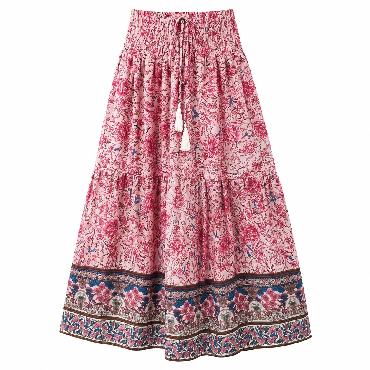 Langer Damen-Stufenrock aus Baumwollmischung im Boho-Stil mit Blumenmuster, elastischem Bund und Quasten