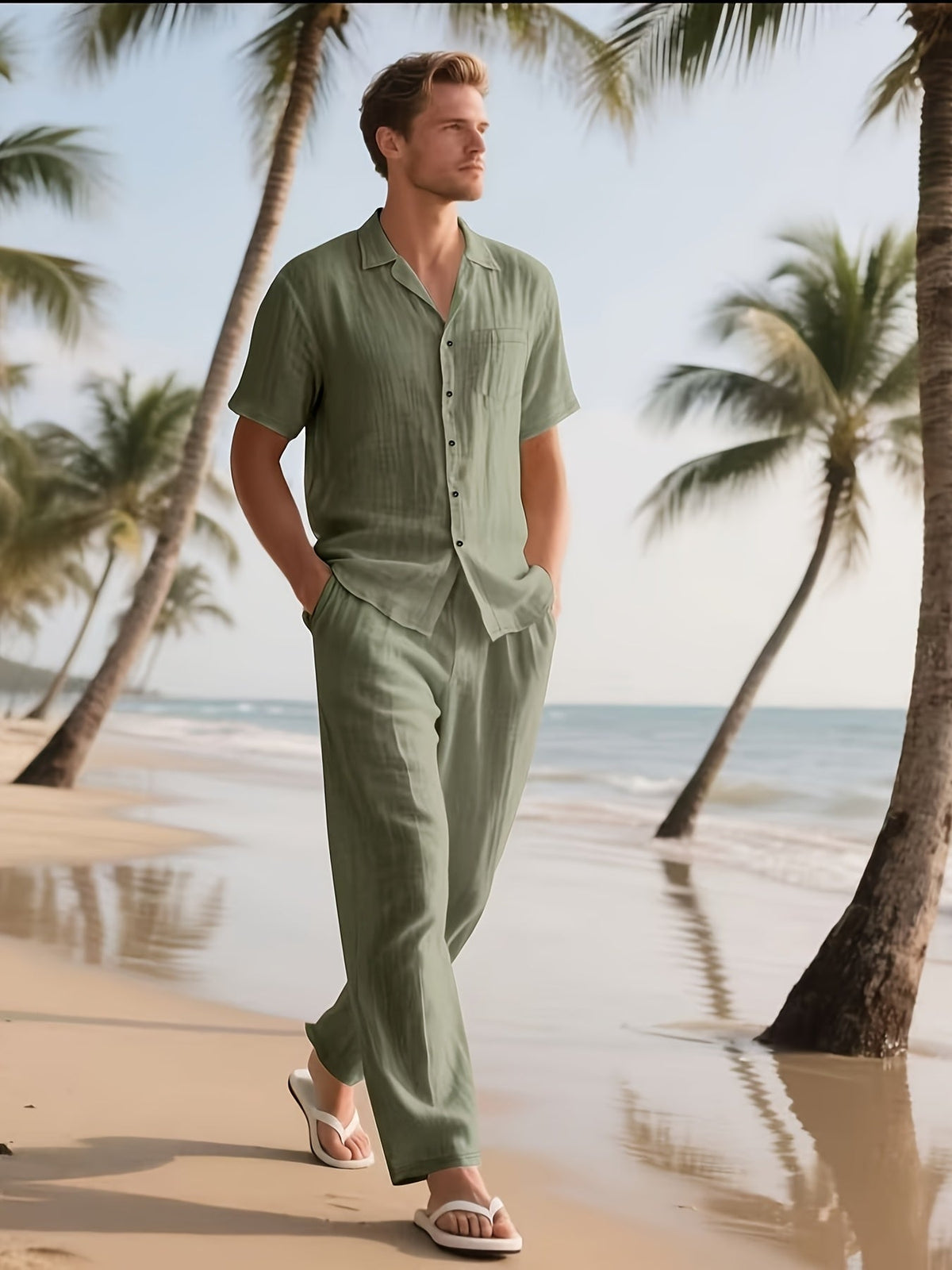Lässiges Leinen-Set für Herren – Komfortabel und luftig mit langer Hose und Kurzarm