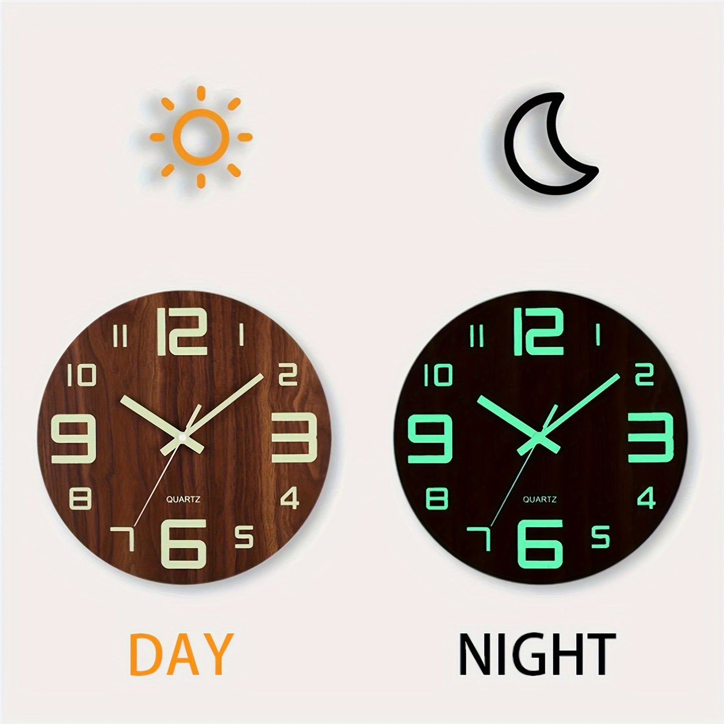 Leuchtende Wanduhr aus Walnussholz | Geräuschloses Holzdesign, das im Dunkeln leuchtet