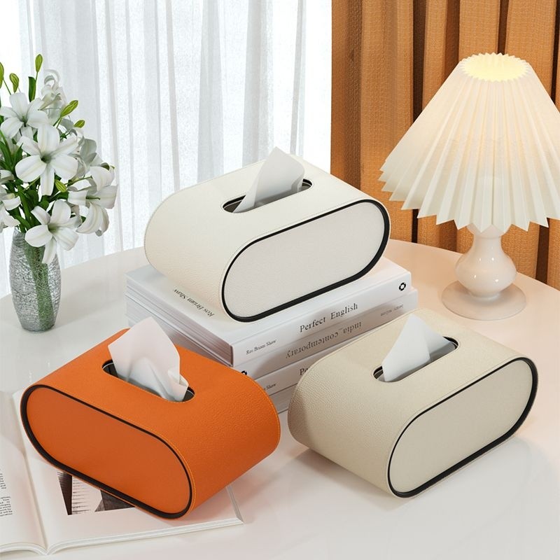 Ovale Taschentuchbox aus orangefarbenem Leder, Taschentuchhalter für Schreibtisch und Wohnzimmer, luxuriöse moderne Deko
