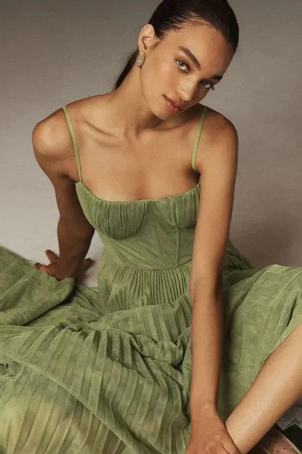 Plissiertes Midikleid in A-Linie für Damen – Bustier-Oberteil – Spaghettiträger