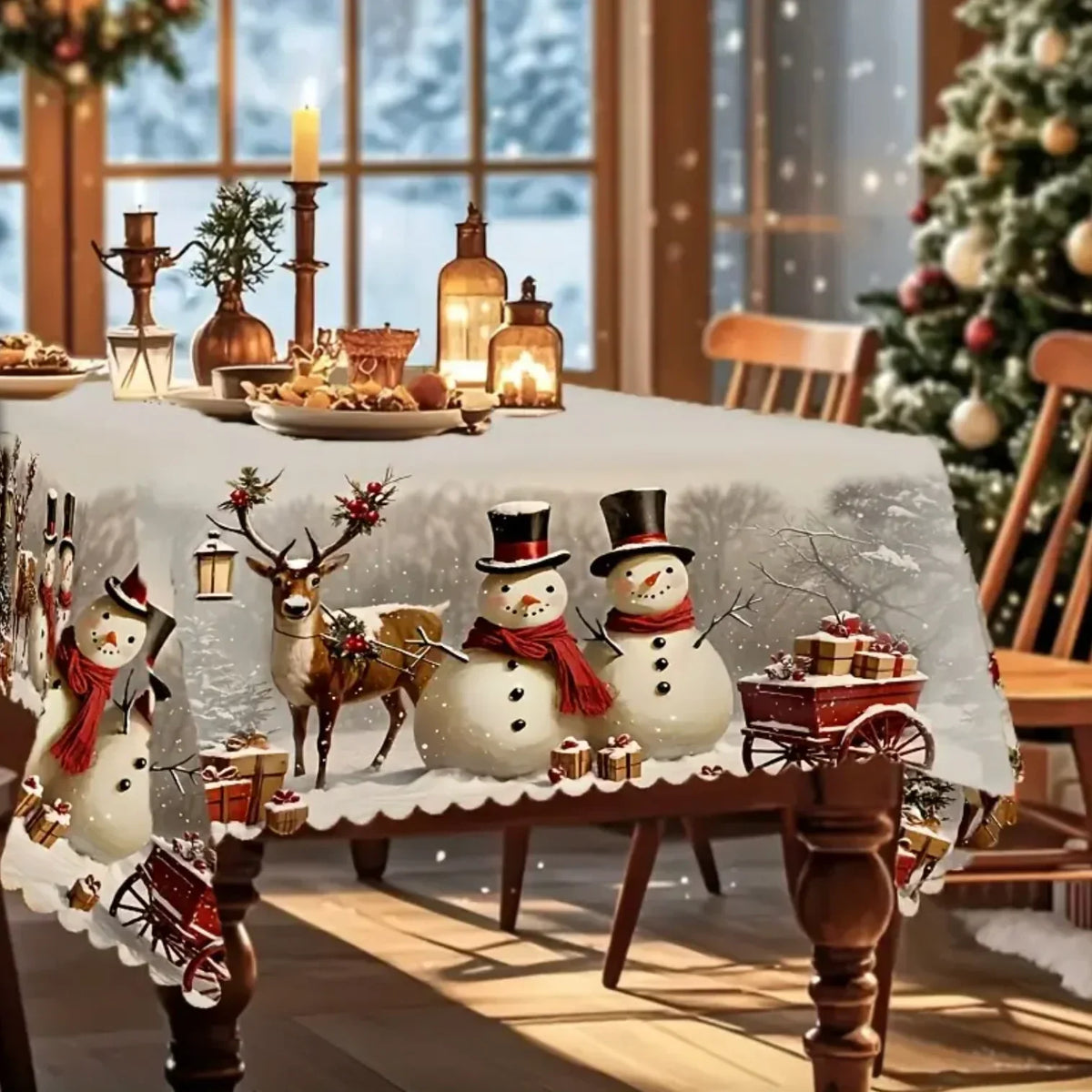 Rechteckige Weihnachtstischdecke mit Schneemann- und Rentiermotiv sowie gewelltem Spitzensaum