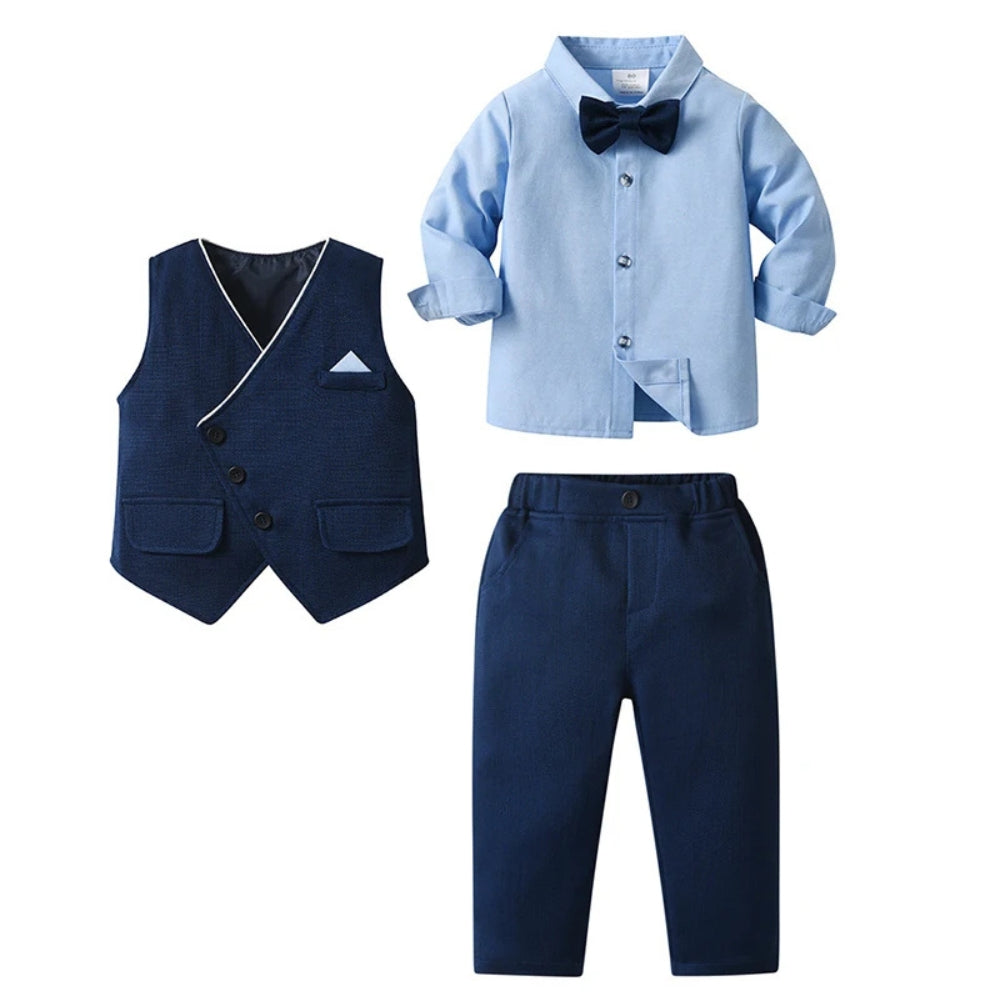 Schicker 3-teiliger Jungenanzug – Blaues Hemd, Weste und Hose mit Fliege