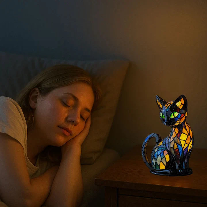 Tischlampe aus Buntglas in Katzenform mit LED-Beleuchtung