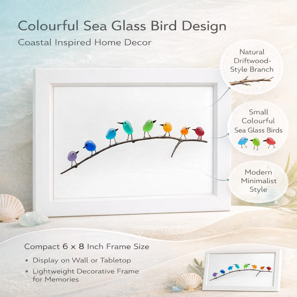 Wandbild im Bilderrahmen mit Meerglas, Vogel und Treibholz, maritime Dekoration