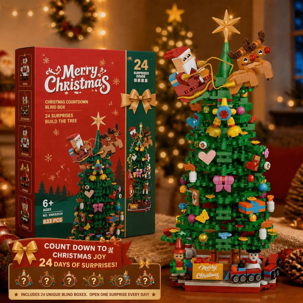 Weihnachtsbaum-Adventskalender mit Bausteinen, 833 Teile in 24 Überraschungsboxen