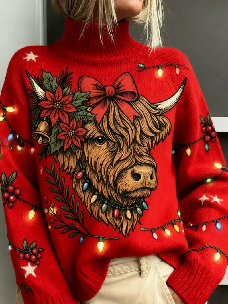 Weihnachtspullover mit Rollkragen und Kuhmotiv