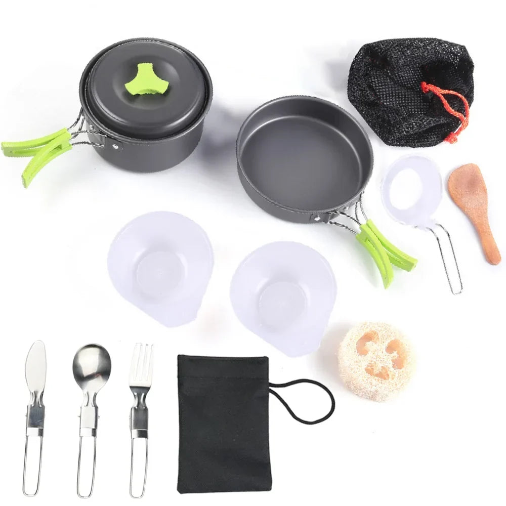 1,8-L-Mini-Camping-Kochgeschirr-Set - Antihaftbeschichteter Aluminiumtopf - Ineinander stapelbare Aufbewahrung - Grün, Orange & Schwarz