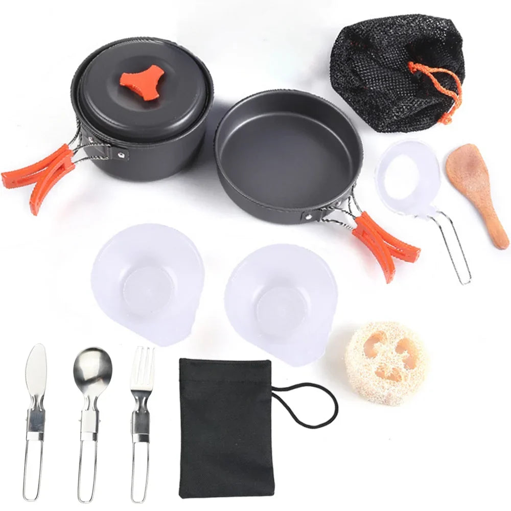 1,8-L-Mini-Camping-Kochgeschirr-Set - Antihaftbeschichteter Aluminiumtopf - Ineinander stapelbare Aufbewahrung - Grün, Orange & Schwarz