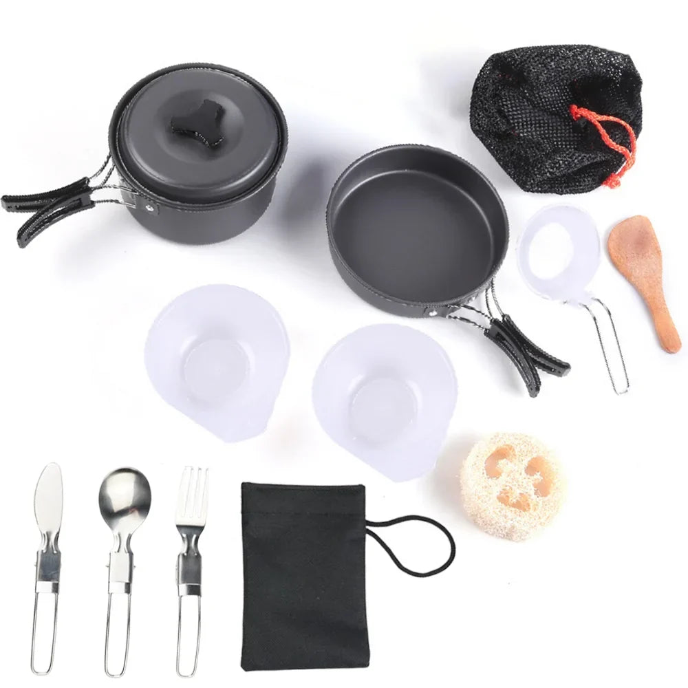 1,8-L-Mini-Camping-Kochgeschirr-Set - Antihaftbeschichteter Aluminiumtopf - Ineinander stapelbare Aufbewahrung - Grün, Orange & Schwarz