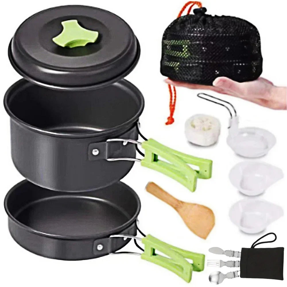 1,8-L-Mini-Camping-Kochgeschirr-Set - Antihaftbeschichteter Aluminiumtopf - Ineinander stapelbare Aufbewahrung - Grün, Orange & Schwarz