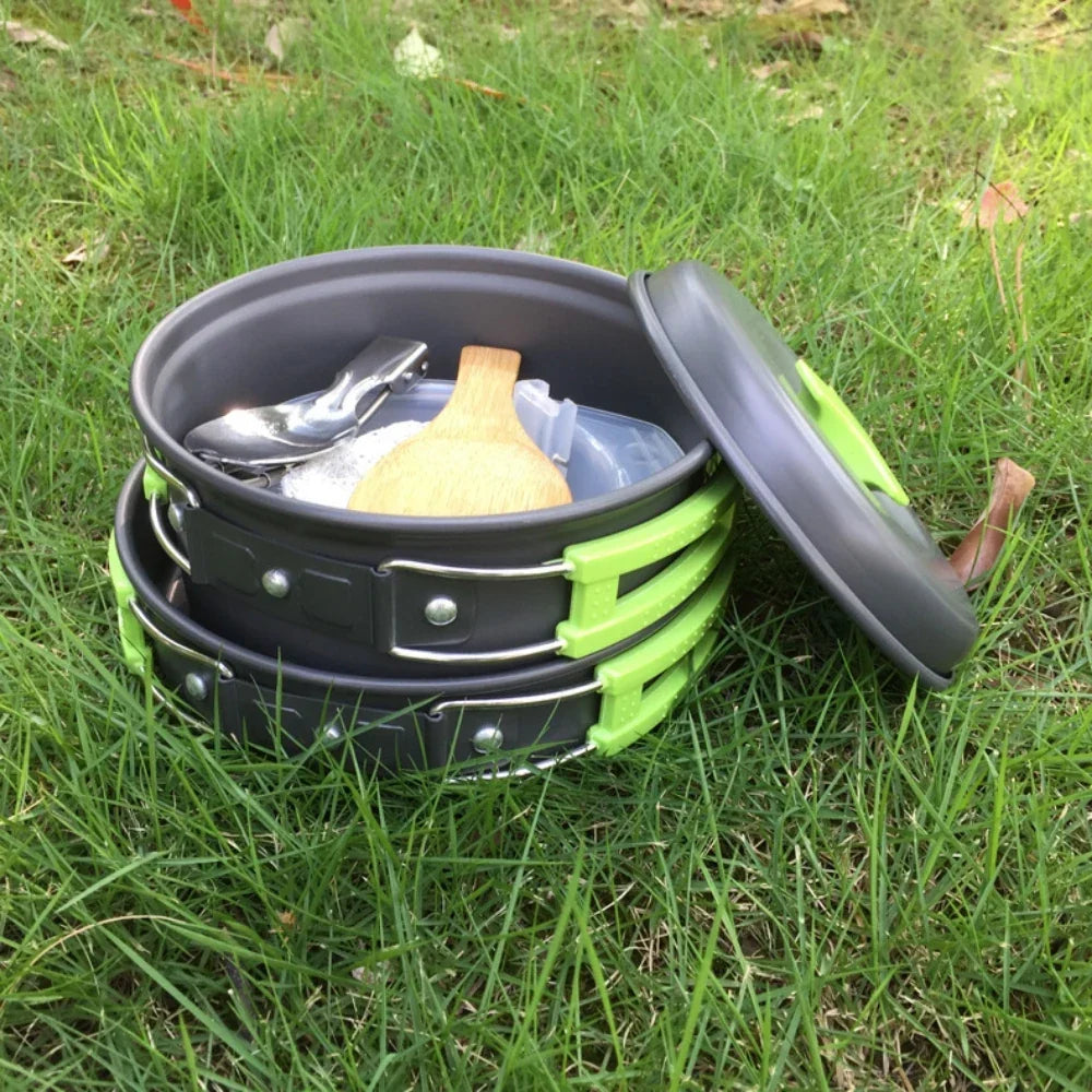 1,8-L-Mini-Camping-Kochgeschirr-Set - Antihaftbeschichteter Aluminiumtopf - Ineinander stapelbare Aufbewahrung - Grün, Orange & Schwarz