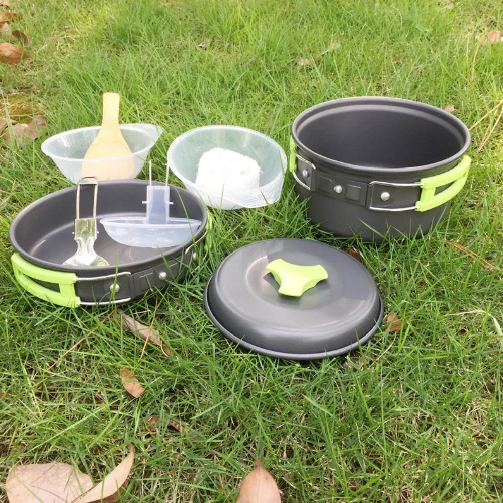 1,8-L-Mini-Camping-Kochgeschirr-Set - Antihaftbeschichteter Aluminiumtopf - Ineinander stapelbare Aufbewahrung - Grün, Orange & Schwarz