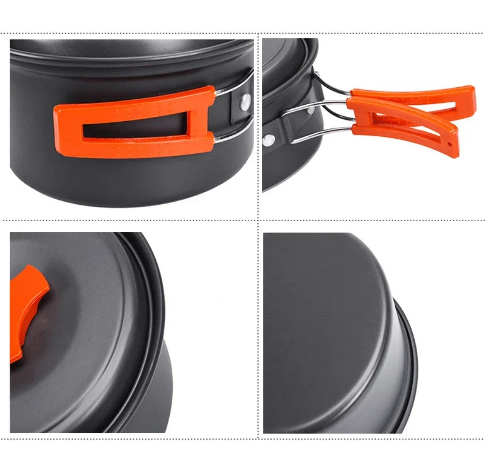 1,8-L-Mini-Camping-Kochgeschirr-Set - Antihaftbeschichteter Aluminiumtopf - Ineinander stapelbare Aufbewahrung - Grün, Orange & Schwarz