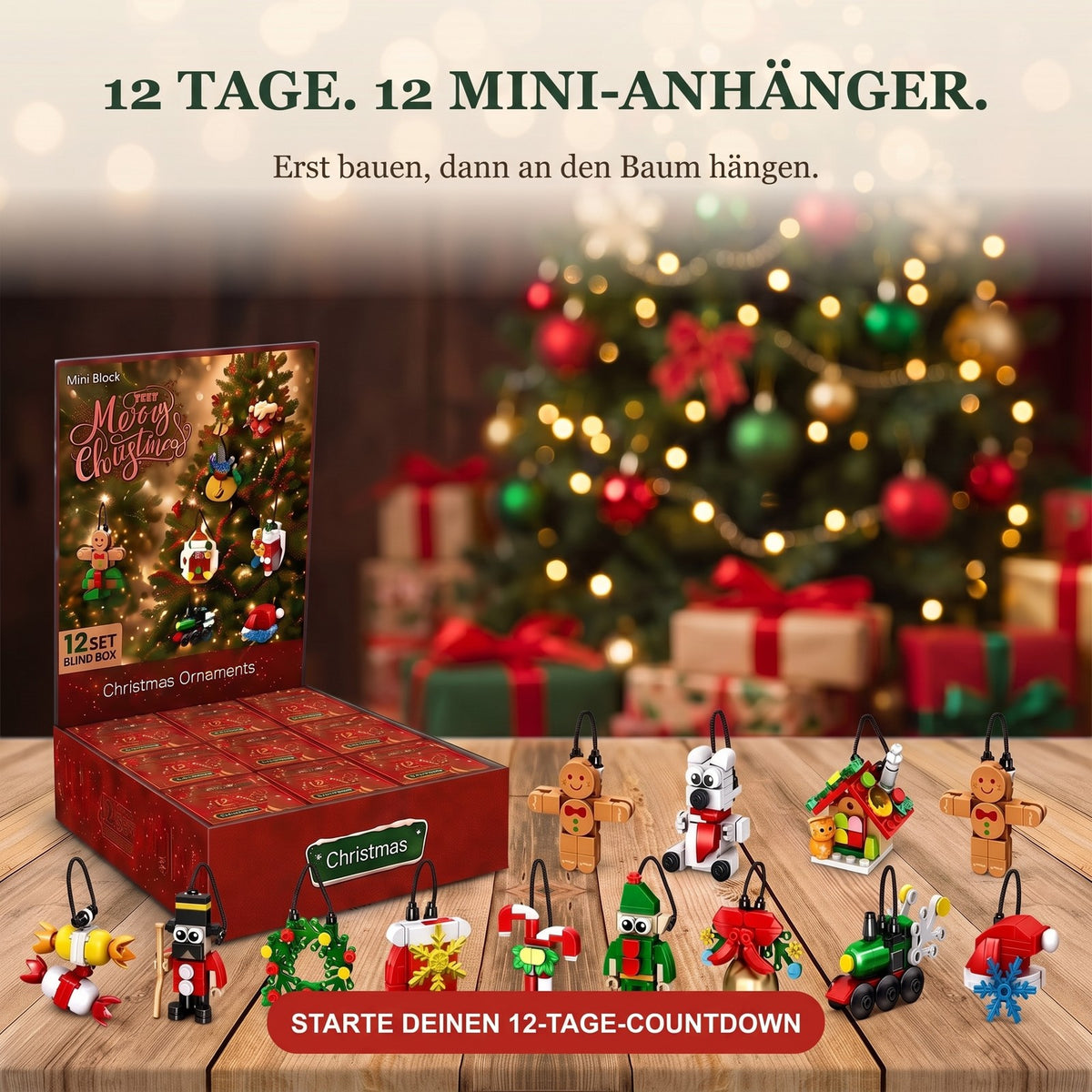 12-Tage-Weihnachts-Countdown mit Mini-Anhängern, Blind-Box-Set aus Bausteinen